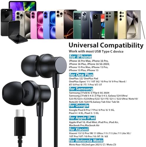 Revolutionary Noise-Canceling USB C Earbuds for i Phone 16 & Galaxy Z Flip Fold 6 – Advanced Wired Headphones Featuring Magnetic In-Ear Design & Integrated Mic for Superior Call Clarity – Universal Compatibility with i Pad, One Plus, Samsung, and Pixel – Exceptional Audio Performance for Music Lovers & Gamers on the Move
