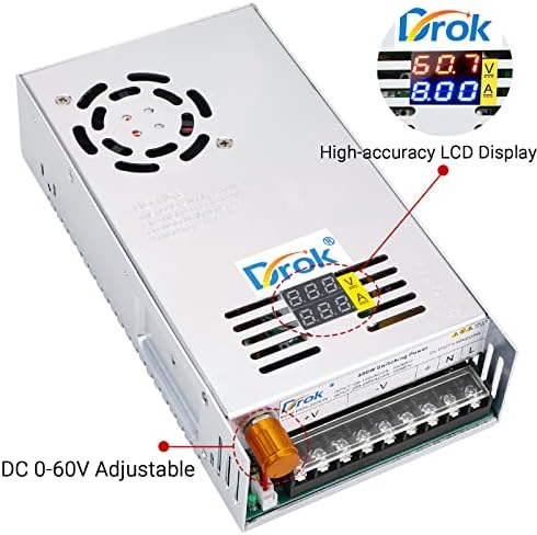 DROK 24 V Adjustable Power Supply – High-Efficiency AC to DC Converter for Reliable Power Delivery, 20 A 480 W Regulated Adapter Perfect for Computer Labs and Versatile Electronic Applications, Adjustable 5 V to 24 V Voltage Transformer for Enhanced Performance and Compatibility