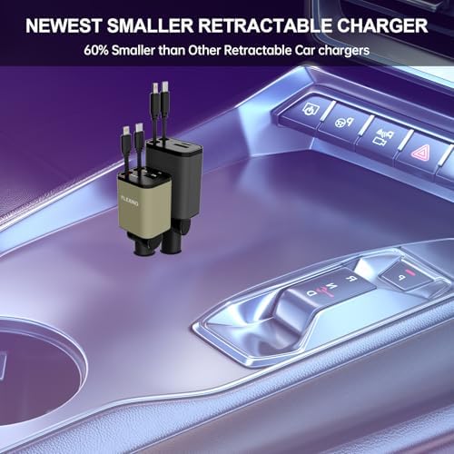 Premium Flexino Compact Retractable Car Charger for i Phone 16 – 69 W Fast Charging with Dual 2.6 ft USB C Cords | Efficient Power Adapter Compatible with i Phone 16/15/14/13/12 Series & Galaxy Devices | Sleek Grey Design for Ultimate Portability and Reduced Cable Clutter