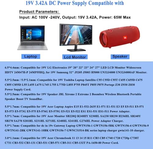 Power Up Your Devices with the TKDY 19 V 3.42 A Universal Power Supply Adapter – Versatile AC to DC Charger for Laptops, Monitors, and Speakers – 100-240 V Input, Safe & Reliable with Multiple Connectors – Ideal for Acer, Toshiba, LG, Samsung, and JBL Electronics – 65 W Maximum Output, Short Circuit & Overload Protection Included