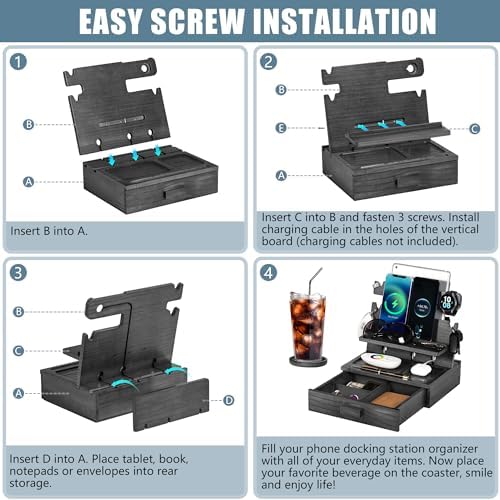 Premium Black Wood Multi-Device Docking Station – Sleek Nightstand Organizer with Hidden Drawer for Valuables, Ideal for Phones, Tablets, Apple Watch, Keys, and EDC Essentials – Streamlined Charging and Elegant Design for Home or Office