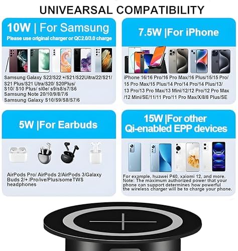Sleek Wireless Charging Pad for Desk by JE Make IT Simple – Fast Qi-Enabled Charger for i Phone 16/15/14/13/12, Samsung, and Air Pods – Grommet Design for Clutter-Free Workspaces with Overcharge Protection and Elegant Black Finish
