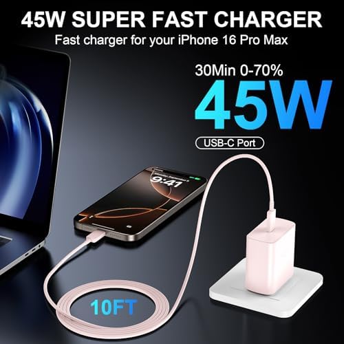 Accelerate Your Power Needs with Our 45 W Ultra-Fast USB-C Charger for Phone 16 Series – Includes a 10 ft Type C Cable in Eye-Catching Purple – Perfectly Crafted for Swift Power Delivery to Phone 16 Pro, Max, Plus & Earlier Models – Unleash Maximum Charging Efficiency and Aesthetic Appeal for Tech Enthusiasts on the Move