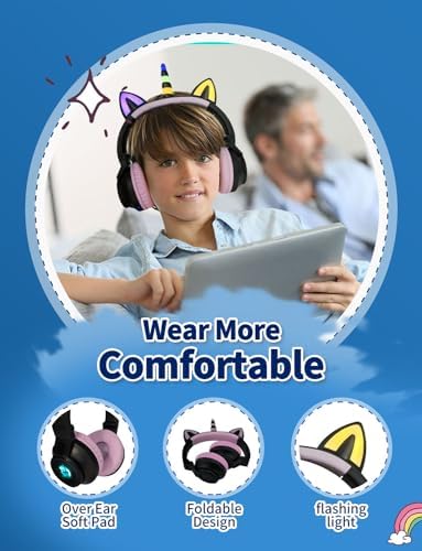 Enchanting Unicorn Wireless Headphones for Kids – Stylish Pink Foldable Design with Light-Up Features, Perfect for Tablets and Toddlers – Superior Sound Quality and Comfort for Magical Listening Adventures – Durable, Adjustable, Tangle-Free Fun for Every Little Girl