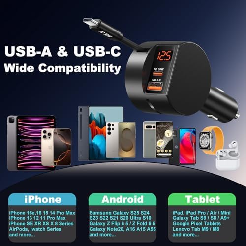 OKRAY 78 W Retractable USB C Car Charger with Coiled Cable – Fast PD30 W Charging for Samsung Galaxy S25, S24, A16 & i Phone 16, 15 Pro Max – Multi-Port 12 V Cigarette Lighter Adapter for Seamless Travel Power Solutions