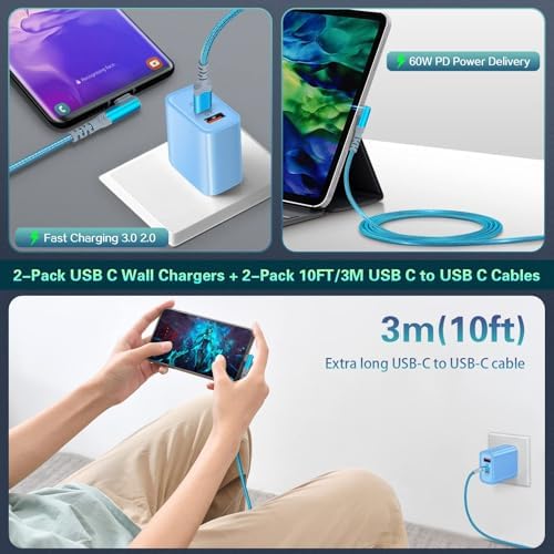 Dual Port Fast Charging Wall Adapter with 10 FT Right-Angle USB C Cable – 20 W USB-C Power Block for i Phone 16/15, Samsung Galaxy S25 Ultra, S24, S23, S10 – Efficient Charging Convenience for Home, Office, and Travel