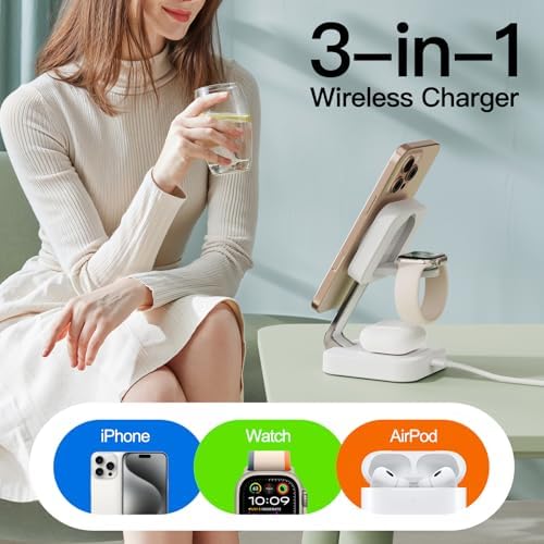 2025 Portable Wireless Mag Safe Fast Charging Hub – 3-in-1 Magnetic Charger for i Phone 16, 15, 14, 13, 12 Pro Max Plus, Apple Watch, and Air Pods – Compact Travel Essential with LED Indicator – Ultimate Gift for Tech-Savvy Couples (Black) – Superior Compatibility and Rapid Charging Performance