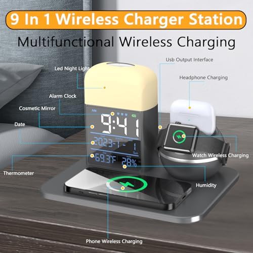 Ultimate 9-in-1 Wireless Charging Station with Integrated Alarm Clock and Night Light – Fast Qi-Certified Docking Solution for Apple Devices with 30 W Ga N Charger and USB Port – Stylish Blue Design for Clutter-Free Bedside Charging