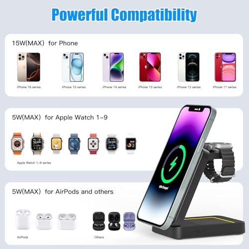 Efficient 3-in-1 Wireless Charging Dock for i Phone 16/15/14, Apple Watch, and Air Pods – Rapid Charge Station with 1.5 M USB Cable in Sleek Black – Streamline Your Charging Experience and Maximize Productivity