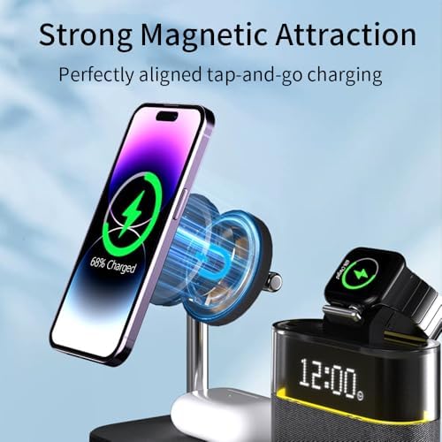 Revolutionary 5-in-1 Magnetic Charging Hub: Ultra-Fast Wireless Station for i Phone 12-15 & i Watch Series 2-9 with Customizable RGB Ambient Lighting and Integrated Digital Clock for Optimal Charging Efficiency and Aesthetic Appeal