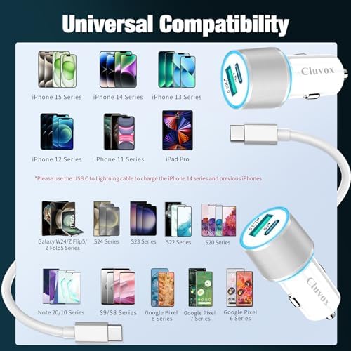 Dual Port 38 W USB-C Car Charger (2 Pack) – Fast Charge Your i Phone 16 Pro/Max/Plus & Samsung Galaxy S25/S24/S23 with 20 W PD & 18 W QC – Includes 3.3 FT Type C Cable – Sleek Black Design for Enhanced Compatibility and Efficiency, Perfect for Road Trips and Daily Commutes
