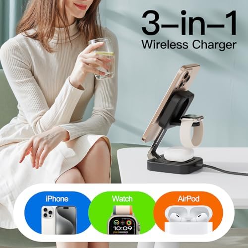 2025 Portable Wireless Mag Safe Fast Charging Hub – 3-in-1 Magnetic Charger for i Phone 16, 15, 14, 13, 12 Pro Max Plus, Apple Watch, and Air Pods – Compact Travel Essential with LED Indicator – Ultimate Gift for Tech-Savvy Couples (Black) – Superior Compatibility and Rapid Charging Performance