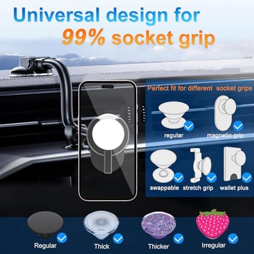 Pop Socket-Compatible Car Phone Mount – Advanced Dashboard & Windshield Holder with Robust Suction Technology for All Smartphones – 360-Degree Rotation for Optimal Hands-Free Navigation & Enhanced Driving Safety – Sleek, Modern Aesthetic for Today’s Vehicles – Effortless One-Handed Adjustments