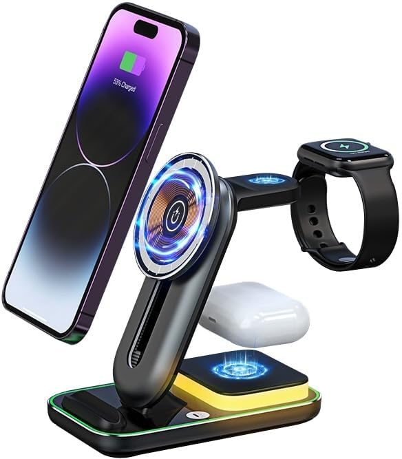 Effortless Charging Hub: Mag Safe-Compatible 3-in-1 Wireless Charger Stand for i Phone, Apple Watch & Air Pods – Adjustable Height & Built-in Night Light for Optimal Convenience – Sleek Black Design for Home & Travel Use