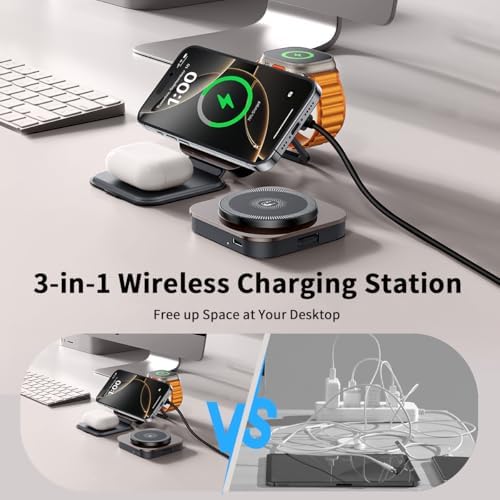 Revolutionary 3-in-1 Mag Safe Charging Station: Ultra-Fast 15 W Magnetic Wireless Charger for i Phone 16/15/14/13/12, Air Pods Pro/2/3/4, and All Apple Watch Series – Compact Foldable Travel Design for Effortless Device Powering and Enhanced Compatibility