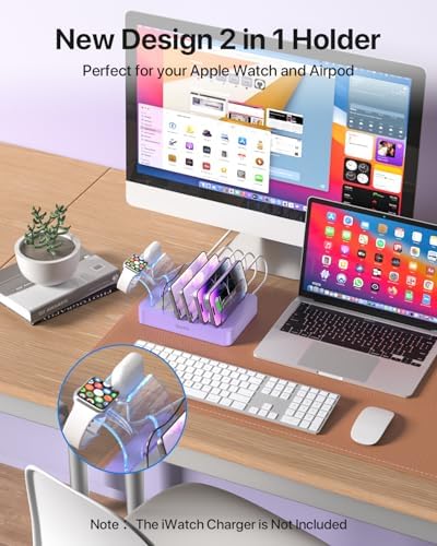 Soo Pii Elegant Pink 6-Port USB Charging Station Organizer – Fast Multi-Device Charging Hub with 6 High-Speed Cables and i-Watch Holder – Ultimate Solution for Neat Workspaces and Efficient Device Management