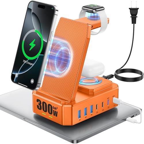 Zutspzss 300 W Multi-Device Wireless Charging Station – 10-in-1 Fast Charger for Apple i Phone 16, Apple Watch & Air Pods, Ga N III Technology with 65 W PD – Sleek Blue Design for Ultimate Efficiency and Organization