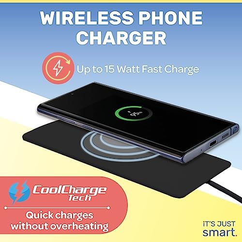 Sleek Ultra Slim Wireless Charger – 15 W Fast Charging Pad for Samsung & i Phone | Qi-Certified, Non-Slip Design | Perfect for Home & Travel | Tangle-Free Convenience, Adapter Not Included (Black)