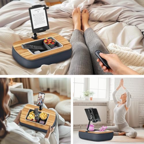 Ultimate Comfort Lap Beanbag Tablet Pillow Stand with Integrated Snack Bowl – Adjustable 360° Rotating i Pad Holder for 4.7″-13″ Devices – Perfect for Hands-Free Reading and Relaxation on Bed, Couch, or Recliner in Stylish Gray – Enhance Your Leisure Experience Today!