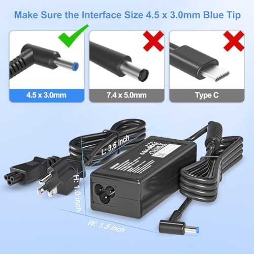 High-Performance 65 W AC Adapter Charger for HP Pavilion, Envy, Zbook & Spectre x360 – Fast Charging with Enhanced Compatibility and Safety Assurance – Ideal Replacement Power Cord for Reliable Laptop Performance – Blue Tip 4.5 x 3.0 mm Connector for Maximum Versatility