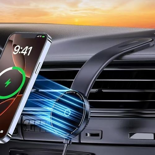 Mag Safe Car Mount Charger – 15 W Fast Wireless Charger with 360° Rotation for Secure Smartphone Holding – Universal Compatibility for i Phone & All Smartphones – Optimal Viewing and Quick Charging for Safe Driving