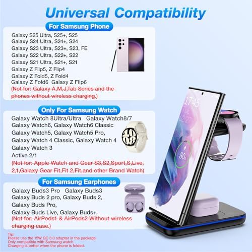 Fast Wireless Charging Station for Samsung Galaxy Devices – Multi-Device Charger for Galaxy S25 Ultra, S24, S23+, Z Flip 6/5, Fold 6/5, and Galaxy Watch 8/7/Pro/Active 2 – Sleek White Design for Effortless Organization and Speed – Perfect for Home and Office Use – Compatible with Galaxy Buds3/2 Pro for Ultimate Convenience
