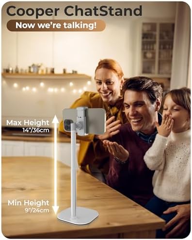 Cooper ChatStand Adjustable Cell Phone Stand for Desk & Video Recording, Rotating Cell Phone Holder for Desk for All iPhone, Samsung, Android, 9-14″ Face-Level Metal Desktop Tripod (Frost White) – Enhanced Compatibility and Speed