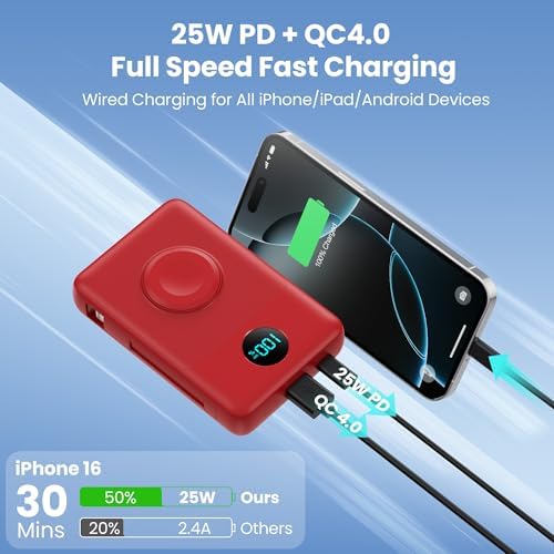 Ultimate 6-in-1 Magnetic Portable Charger, 10800 m Ah Power Bank for i Phone – Features Integrated Cables, Wireless Charging for Apple Watch, Smart LCD Display, and 25 W PD Fast Charging – Perfect Travel Accessory for All Devices with Enhanced Safety Features and Compatibility for i Phone 12 to 16 Series