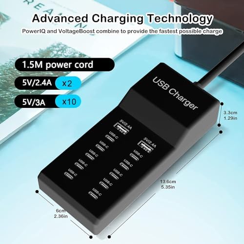 Ultimate 12-Port USB C Charging Station – 60 W Multi-Device Power Hub with 10 USB-C and 2 USB-A Ports for Fast Charging of i Phone, i Pad, Samsung, Google Pixel, Smartwatches, and Headphones – Compact Design for Home, Office, or Travel – Smart Technology for Optimal Power Delivery and Enhanced Compatibility