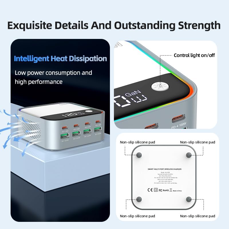 Ultimate 120 W Ga N USB-C Multi-Port Charging Hub with LED Display & Vibrant Gradient Light – Fast and Efficient Charging Station for i Phone, Samsung Galaxy, i Pad, Laptops & More – Ideal for On-the-Go Power Needs