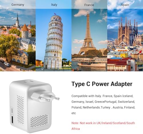 Universal Travel Power Adapter: High-Speed Voltage Converter with Dual AC Outlets and 20 W USB-C Ports for Effortless Charging of US Devices Globally, Ideal for Adventures Across Europe and Beyond