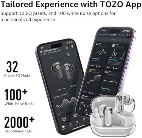 TOZO Hybrid Active Noise Cancelling Wireless Earbuds – Advanced Bluetooth 5.4 for Rapid Pairing, Immersive Deep Bass with 10 mm Drivers, AI-Powered Noise Cancellation via 4 Microphones for Crystal-Clear Calls, Fully Customizable 32 EQ Settings through TOZO App, Stylish and Waterproof Design for Comfort During Extended Wear