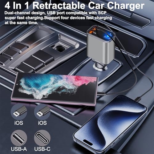 Ultra-Compact 4-in-1 Retractable Car Charger – Dual Type-C and USB Ports, Super Fast Charging for Samsung Galaxy Note Series and More – Multi-Device Convenience for Road Trips and Daily Commutes