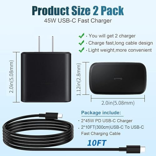 Dual 45 W Super Fast Type C Charger Pack with 10 FT Cables – Ultimate Fast Charging Solution for Samsung Galaxy S25/S24/S23 Series & Galaxy Tab S8 – Unmatched Compatibility and Long Reach for Effortless Power Delivery