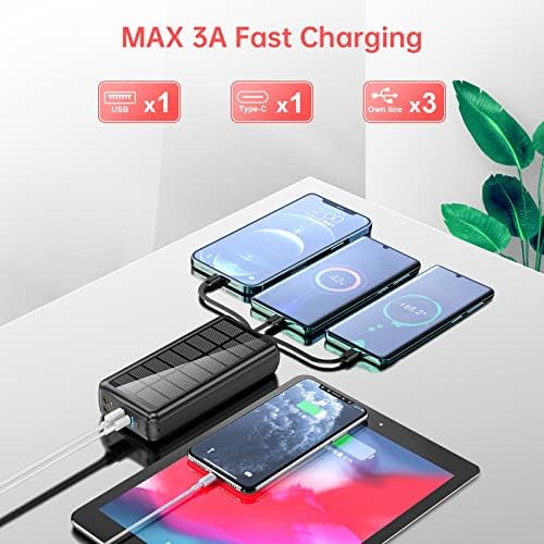 Ultra-Reliable 50,000 m Ah Solar Power Bank with Built-in Cable and Wall Plug | 30 W Fast Charging External Battery Pack with 5 Outputs, Dual LED Flashlights, and Integrated Phone Holder for On-the-Go Convenience (Blue) – Perfect for Travel and Outdoor Adventures