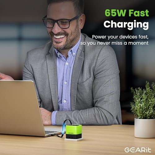 GEARit 65 W Ga N USB-C Charger with Retractable 31.5″ Cable – Dual USB-A & C Ports for Fast Charging of i Phone 15/16, Mac Book Pro/Air, i Pad Pro & Samsung S25 Ultra – Compact, Foldable Design with Power Display for Ultimate Portability and Compatibility