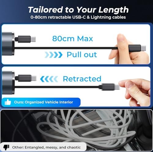Dual-Port Retractable 4-in-1 Car Charger Set – Fast Charge i Phone and USB-C Devices with 2.6 ft Cords – Essential Gray Adapter for Men and Women – Perfect Travel Companion and Gift for Efficient Charging on the Go