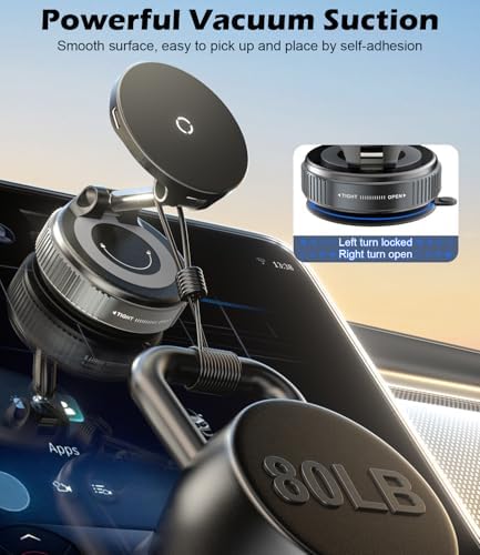 CloudValley 15W Fast Wireless Charger Car Phone Holder Mount, Vacuum Suction Cup Phone Holder Design for MagSafe iPhone 16/15/14/13/12, 360° Adjustable & Foldable Stand for Dashboard & Windshield – Enhanced Compatibility and Speed