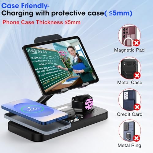 30 W Magnetic Wireless Charging Station with 12-Hour Clock & 7 Color Ambient Light for Samsung Devices – Fast Charging Hub for Galaxy Tab, Galaxy S25 Ultra, Samsung Watch 7, and Galaxy Buds3 Pro – Portable, Foldable Design with Adjustable Tablet Stand for Travel – Comprehensive Safety Features for Optimal Performance