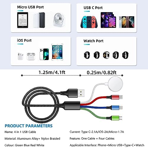 Versatile 4-in-1 5 FT Charging Cable Duo for Apple Watch & i Phone – Multi-Compatible USB C, Micro USB, and Lightning Connectors – Fast & Efficient Charging for i Watch Ultra Series 10/9/8/7/6/SE/5/4/3 and i Phone 16/15/14/13/12 – Durable Design for Everyday Use