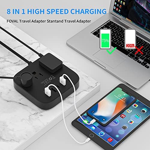 FOVAL European Travel Plug Adapter with 4 USB Ports and 3 AC Outlets – Compact Wall-Mount Power Strip with 5 ft Extension Cord for Ultimate Travel Convenience and Home Office Versatility (Black)