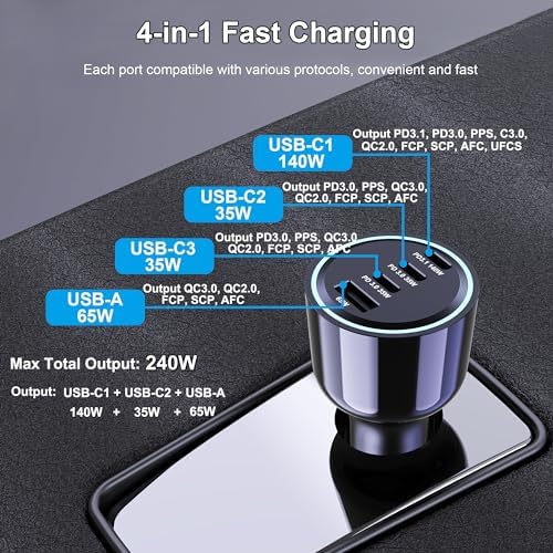 URVNS 240 W USB C Car Charger – Super Fast 4-Port PD3.1/PD3.0 Multi-Device Car Adapter for Mac Book Pro, i Phone 15/16 Max, Samsung Galaxy S24/S23, Google Pixel – Ultimate On-the-Go Charging Solution with Smart Power Distribution and Safety Features