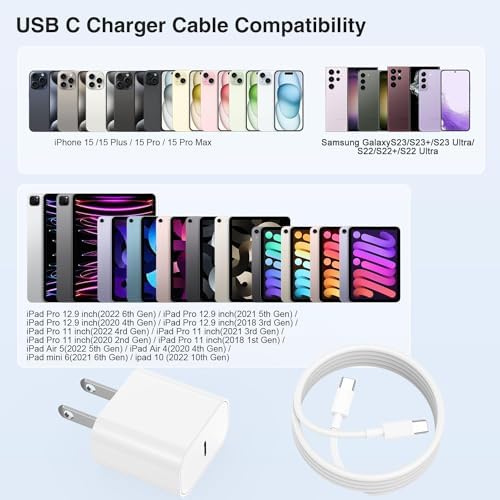 Elevate Your Charging Experience with the 20 W USB-C Power Adapter & 10 ft Type C Cable – Perfectly Engineered for i Phone 16/15, i Pad Pro, and Air Pods – Compact Wall Charger for Accelerated Power Delivery and Unmatched Portability – Superior Charging Speed for All Your Apple Devices on the Go