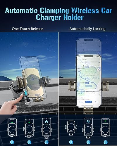 Smart Wireless Car Charger & Auto-Clamping Phone Holder – Fast Charging 3-in-1 Mount for i Phone 11-16 & Samsung Galaxy S23-S9+ – Enhanced Compatibility, Hands-Free Navigation, and Adjustable Viewing Angles for Optimal Convenience