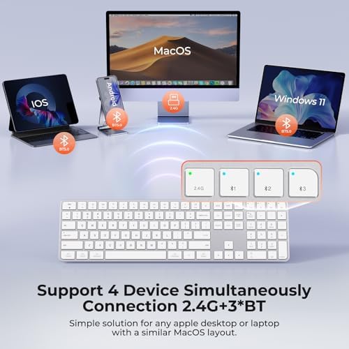 Ultra-Quiet Wireless Bluetooth Keyboard for Mac – Multi-Device Connectivity, Rechargeable Full-Size Design with Number Pad, Perfect for i Pad, i Phone, Mac, Windows & Android – Sleek White Finish for Modern Workspaces