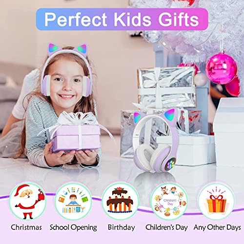 Playful Cat Ear Bluetooth Headphones for Kids – Foldable Over-Ear Design with LED Lights, Safe Listening Volume Control, Built-in Microphone, and Multi-Device Connectivity – Ideal for Music, Movies, and Gaming on i Phones, i Pads, Smartphones, and More!
