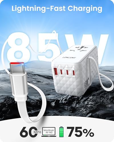 85 W Universal Travel Power Adapter with Retractable USB-C Cable – Optimal Fast Charging Hub for Global Use, Featuring 4 Ports for Seamless Connectivity in US, EU, UK & Beyond, Engineered for On-the-Go Professionals Seeking Efficiency and Versatility