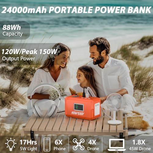 Ultimate HOWEASY 120 W Portable Power Bank – 24000 m Ah High-Capacity Laptop Charger with Dual AC Outlets, Triple DC Ports, and Dual USB QC3.0 Fast Charging – Perfect for Camping, Travel, and Emergency Power Supply with Built-in LED Light