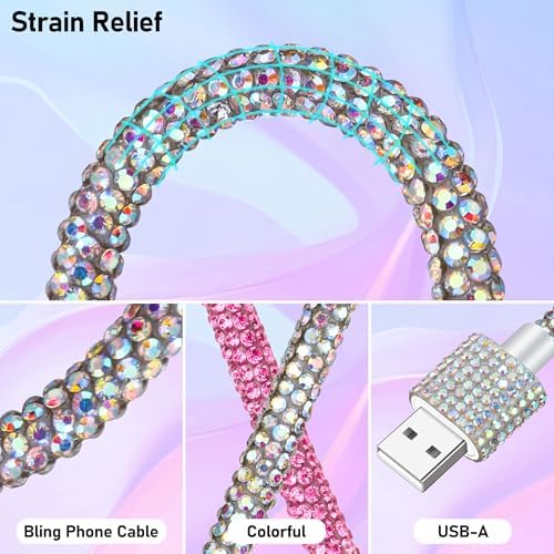 Black Diamond MFi Certified Fast Charging Cable for i Phone – 4 FT USB-A to Lightning Cord with Sparkling Rhinestone Design, Compatible with i Phone 14, 13, 12, 11 Pro Max, XR, XS, X, 8, and 7 – Durable and Stylish Charging Solution for Rapid Power Delivery