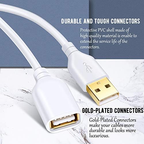 Costyle USB Extension Cable 15 ft – 2 Pack, Premium USB 2.0 A Male to A Female Extension Cord for Enhanced Device Connectivity, Ideal for Mouse, Keyboard, Camera, Printer – Sleek White Design for Modern Workspaces and Home Entertainment